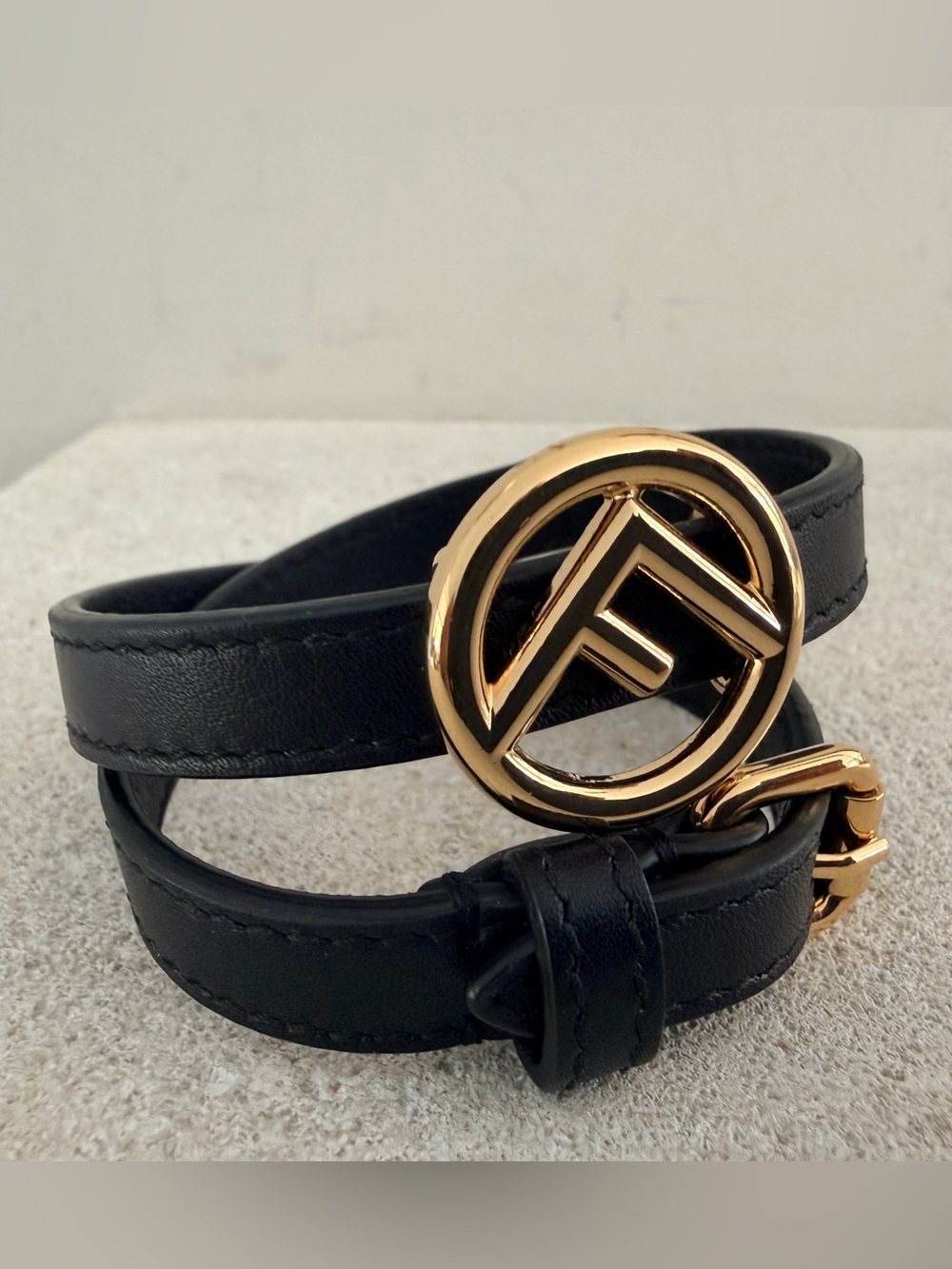 FENDI F IS FENDI FF Logo Black Leather Double Wrap Bracelet Gold SizeMedium